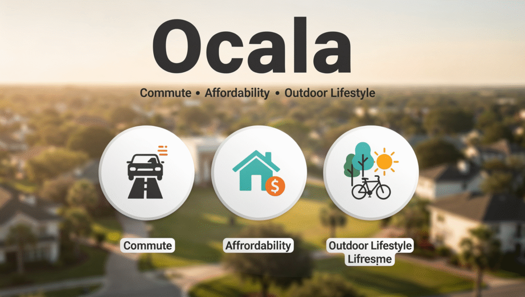 Graphic highlighting commute, affordability, and lifestyle in Ocala Florida