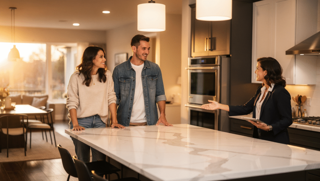 Buyers touring a new build model home with an open kitchen layout