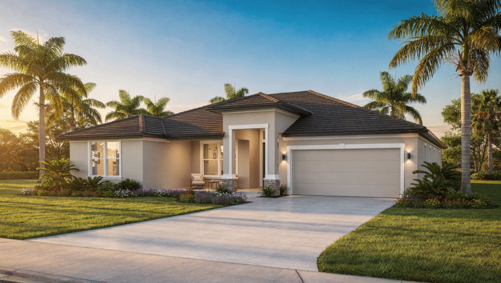 New construction home exterior in Ocala Florida on a sunny day